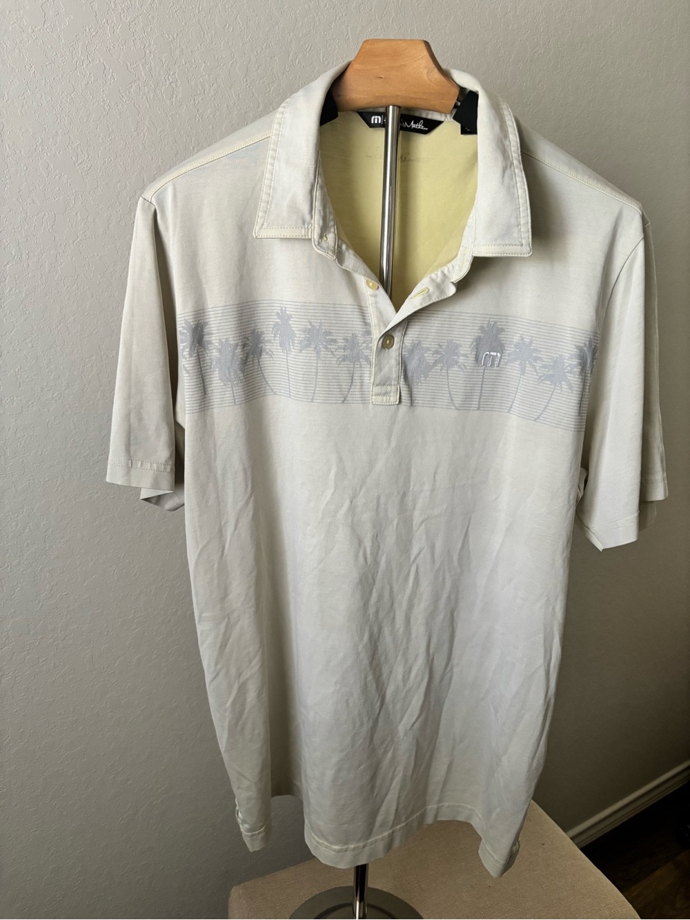 TravisMathew Golf Polo Men’s L Pale Yellow Palm Tree Stripe Pima Cotton Blend